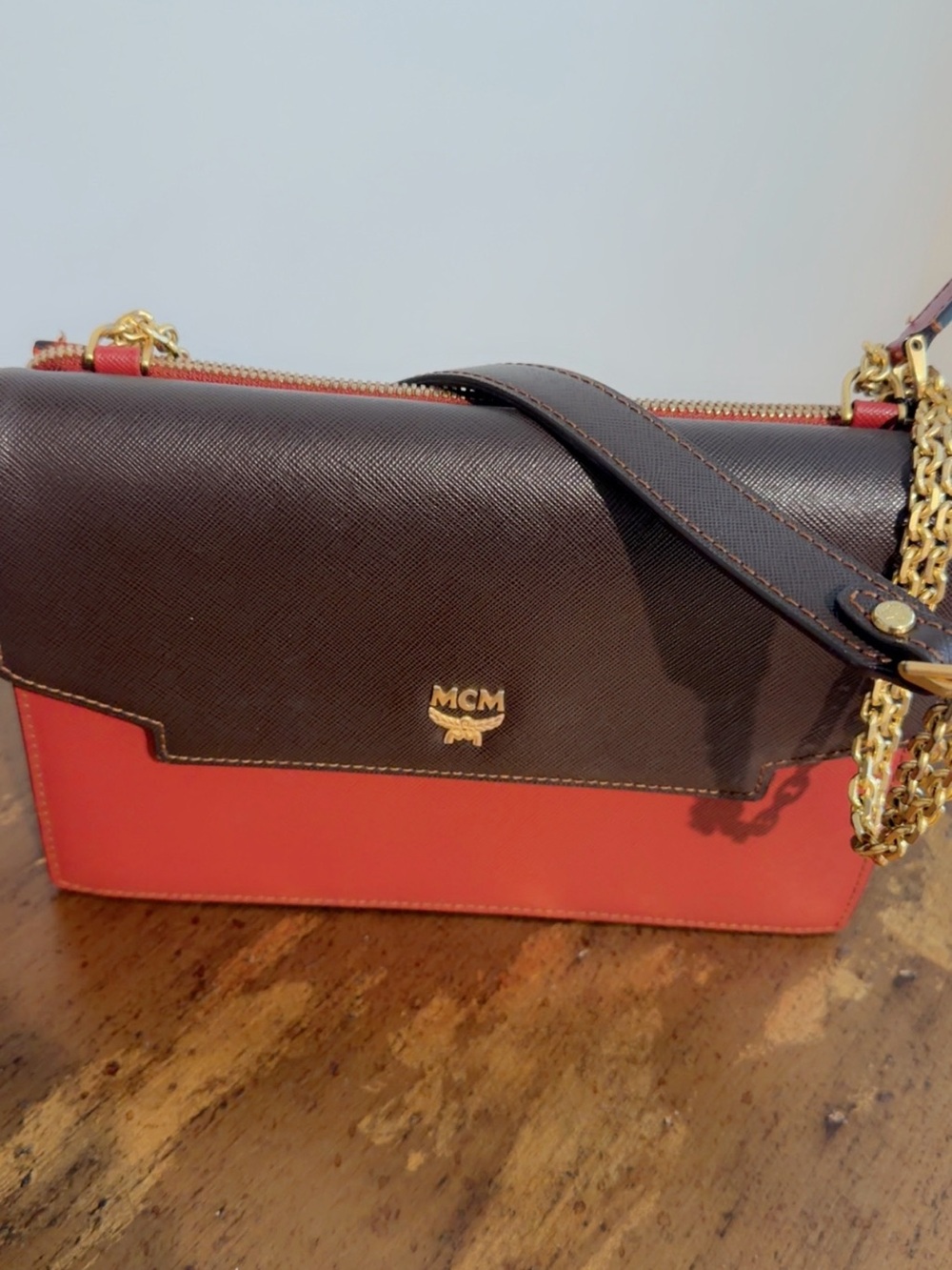 MCM Orange and Brown Leather Crossbody Bag with Gold Chain